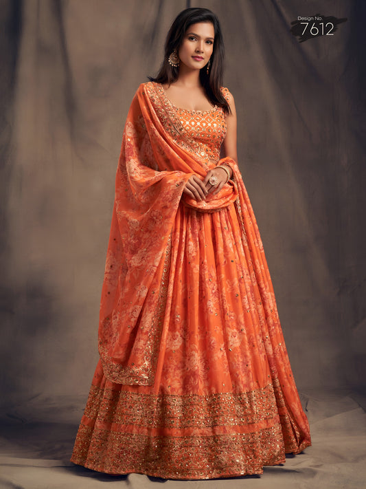 Orange Floral Printed Designer Lehenga Choli