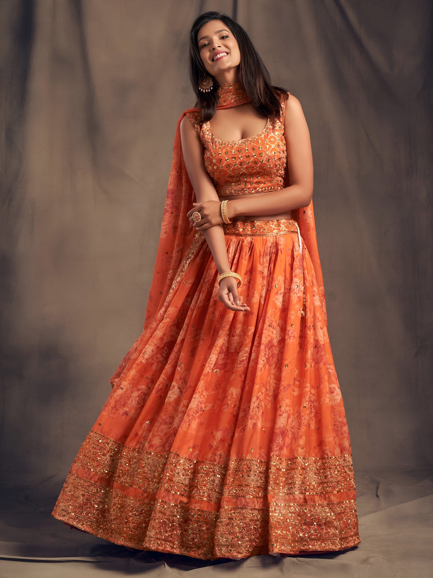 Orange Floral Printed Designer Lehenga Choli