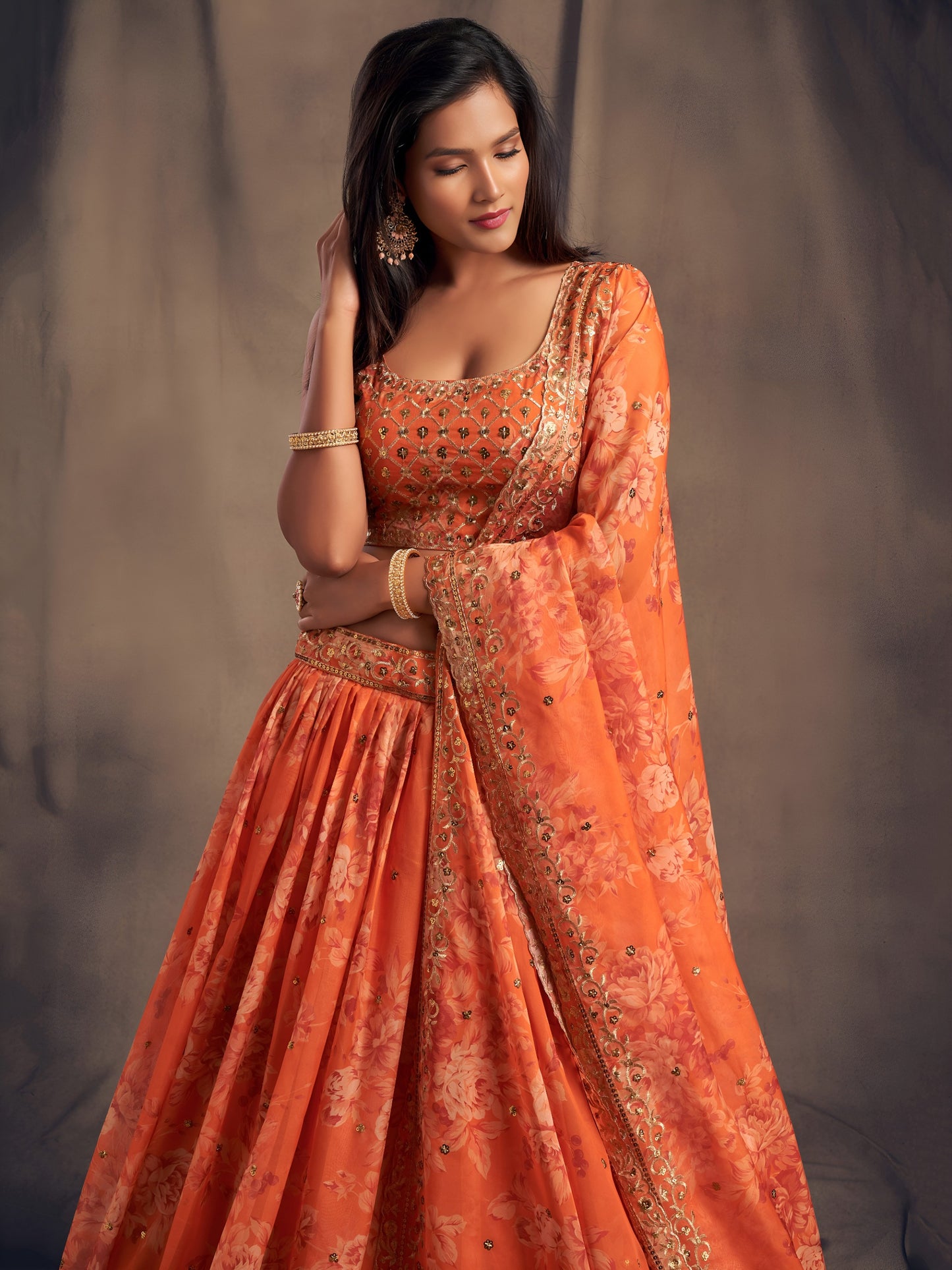 Orange Floral Printed Designer Lehenga Choli