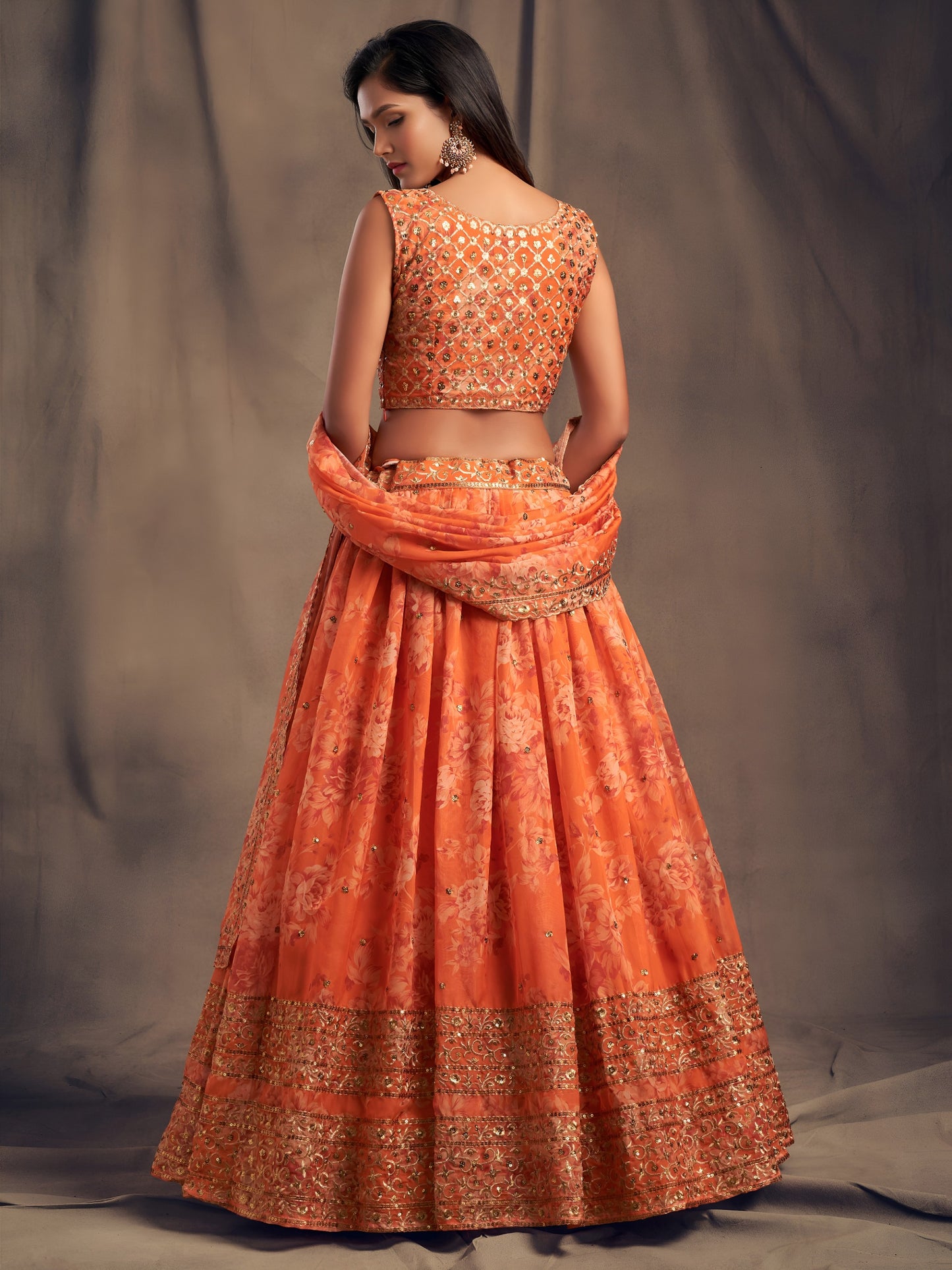Orange Floral Printed Designer Lehenga Choli