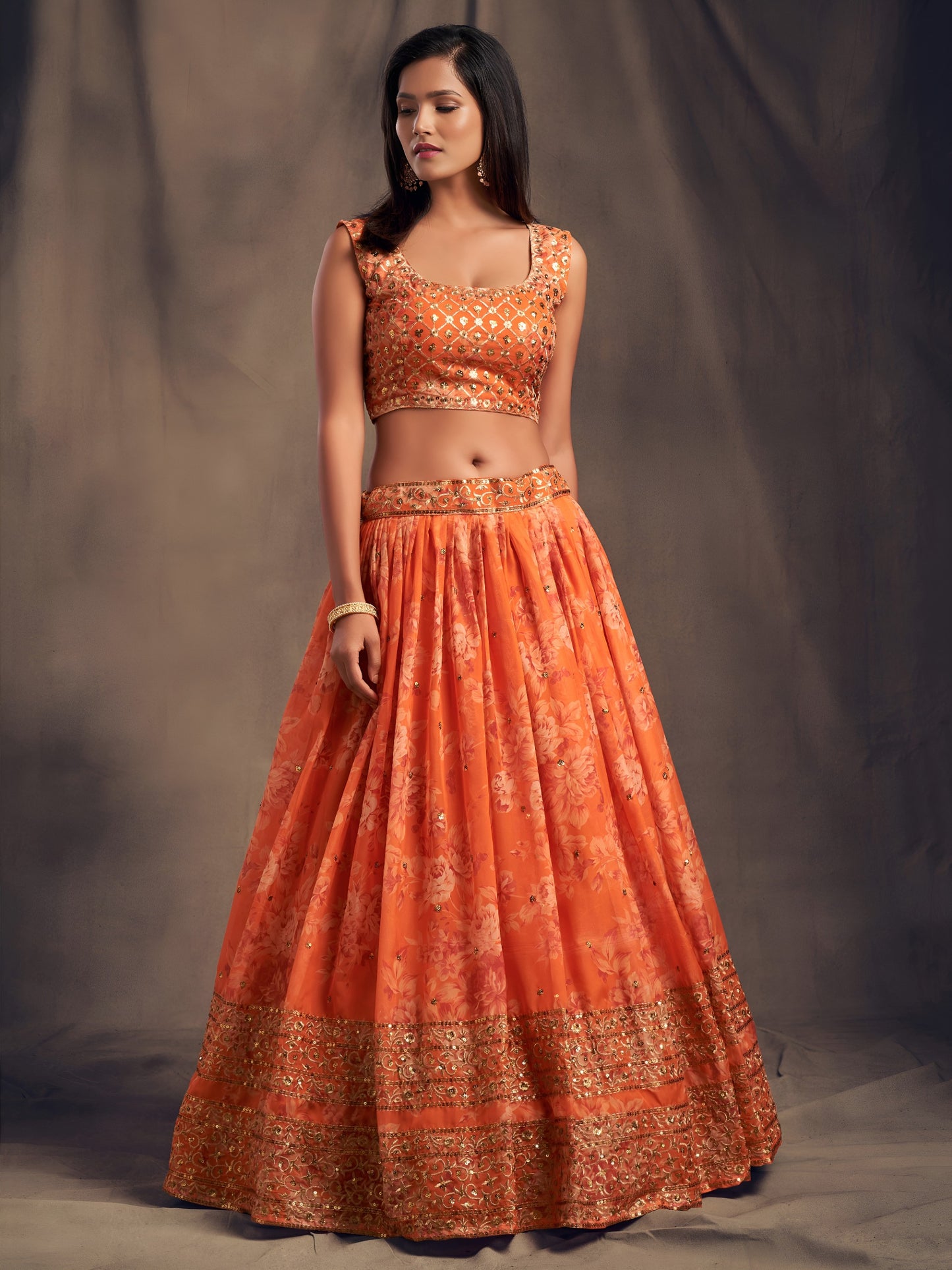 Orange Floral Printed Designer Lehenga Choli