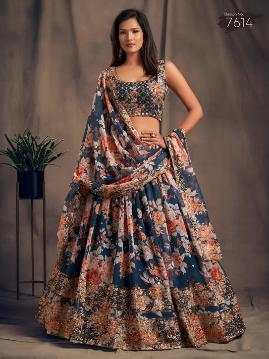 Dove Blue Floral Printed Designer Lehenga Choli