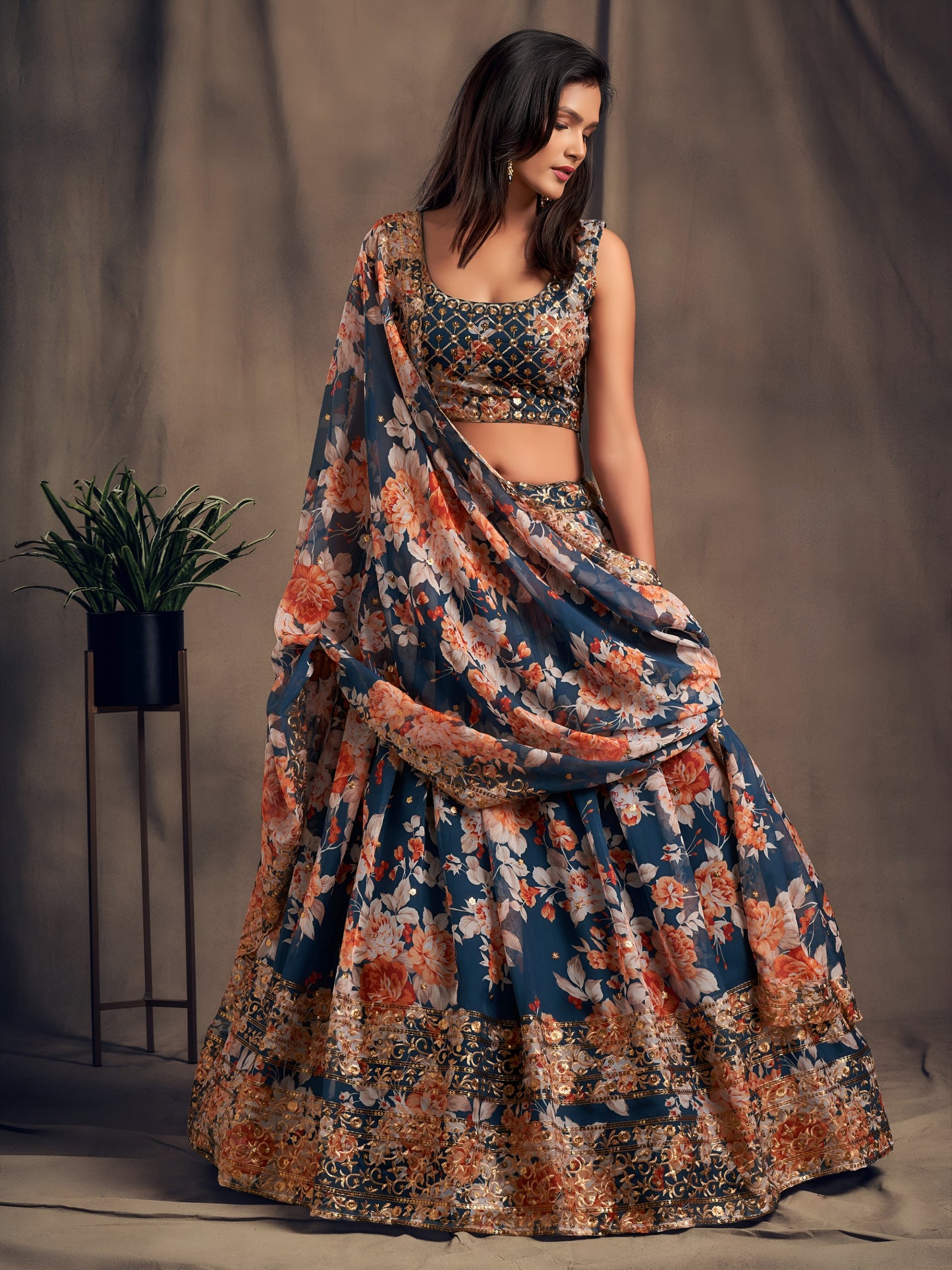 Dove Blue Floral Printed Designer Lehenga Choli