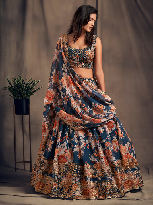 Dove Blue Floral Printed Designer Lehenga Choli
