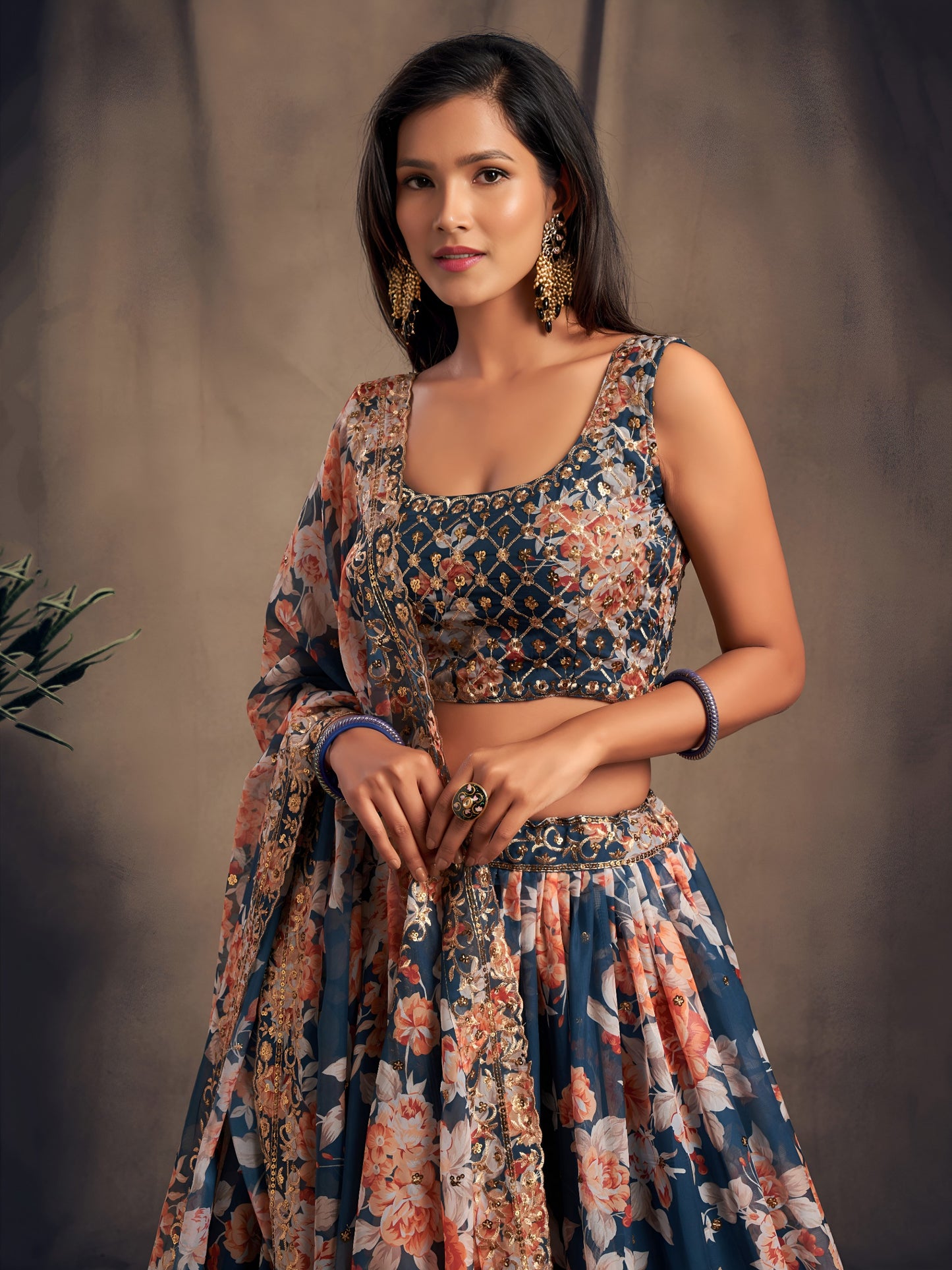 Dove Blue Floral Printed Designer Lehenga Choli