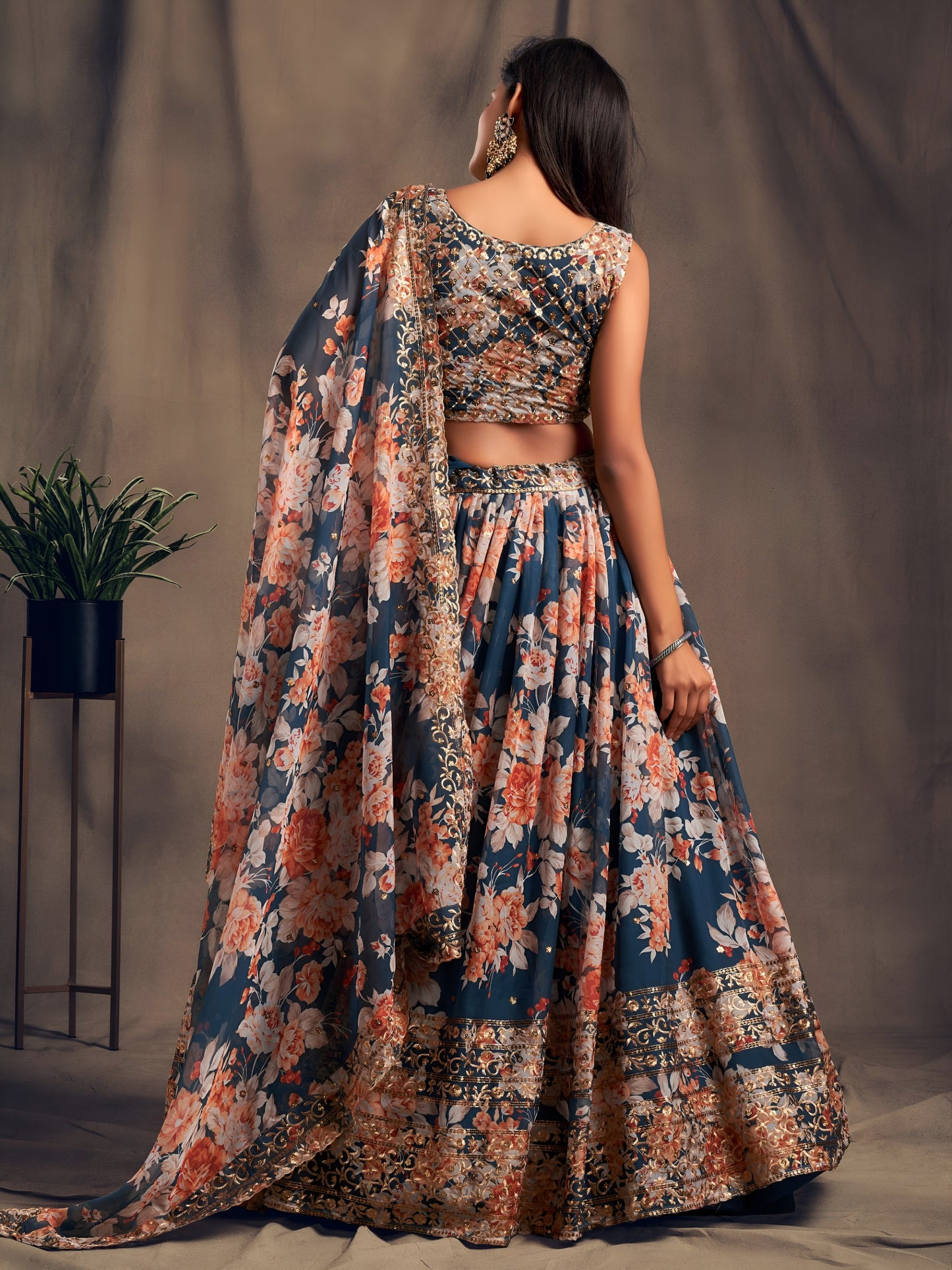 Dove Blue Floral Printed Designer Lehenga Choli
