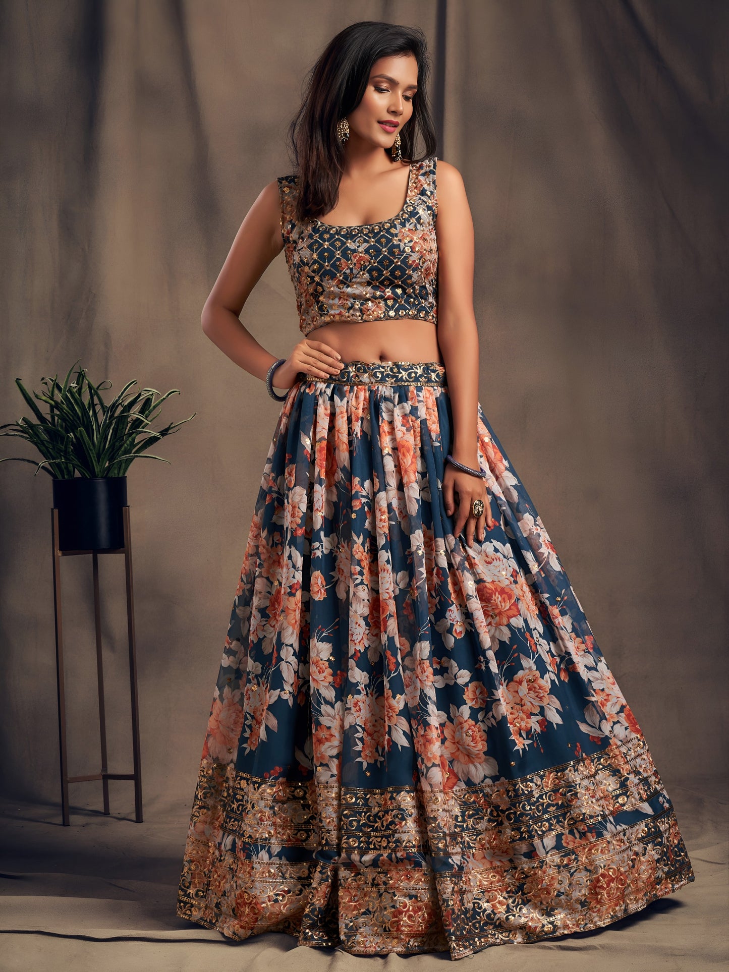 Dove Blue Floral Printed Designer Lehenga Choli