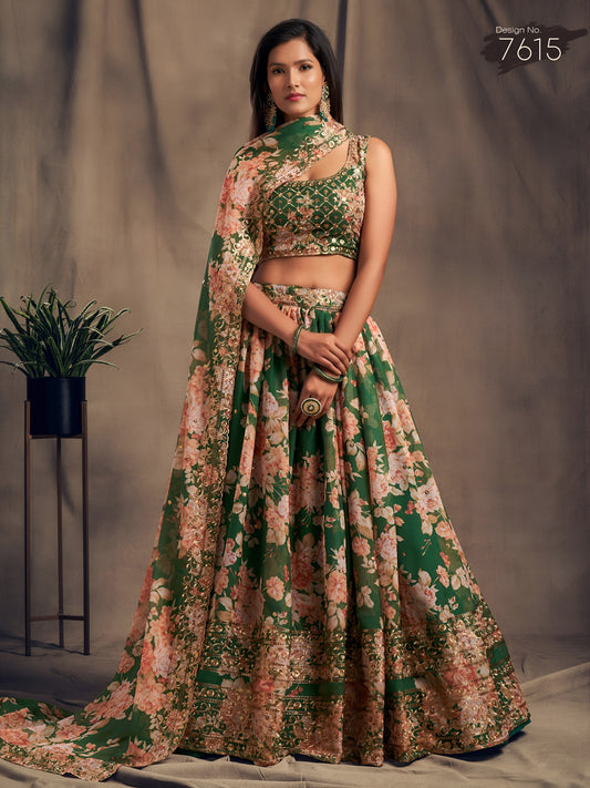 Green Floral Printed Designer Lehenga Choli
