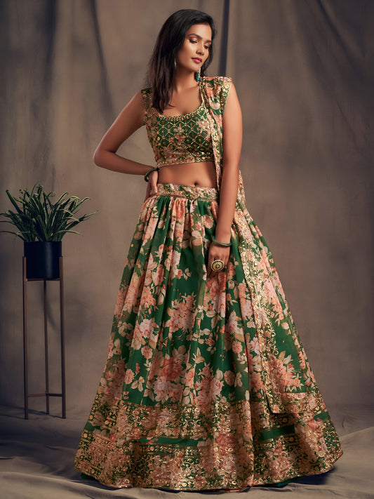 Green Floral Printed Designer Lehenga Choli