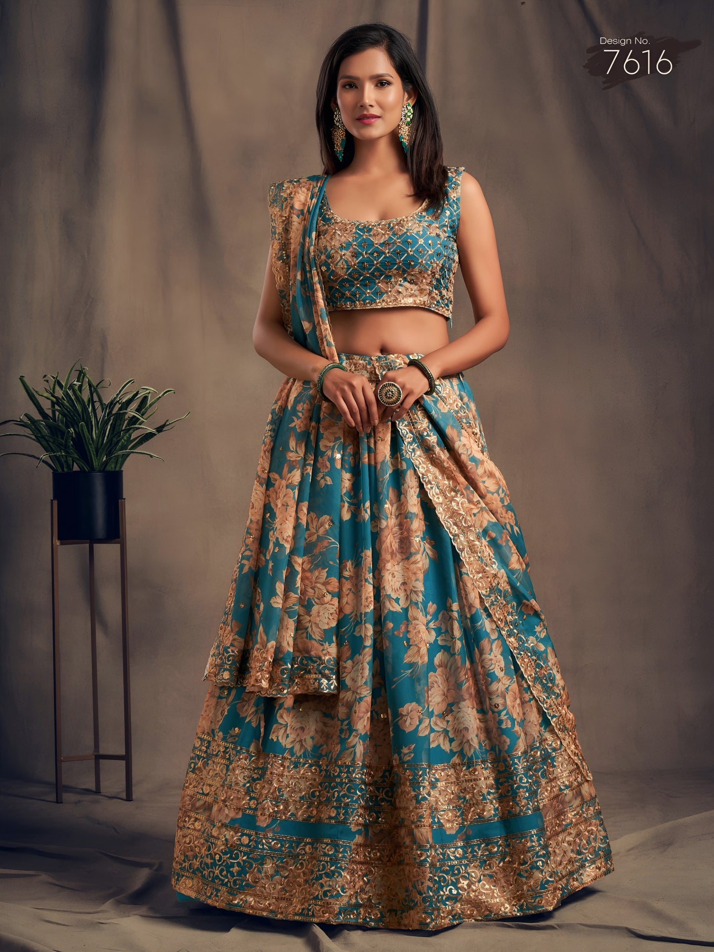 Teal Blue Floral Printed Designer Lehenga Choli