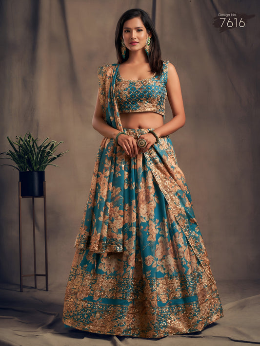 Teal Blue Floral Printed Designer Lehenga Choli