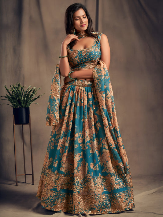 Teal Blue Floral Printed Designer Lehenga Choli