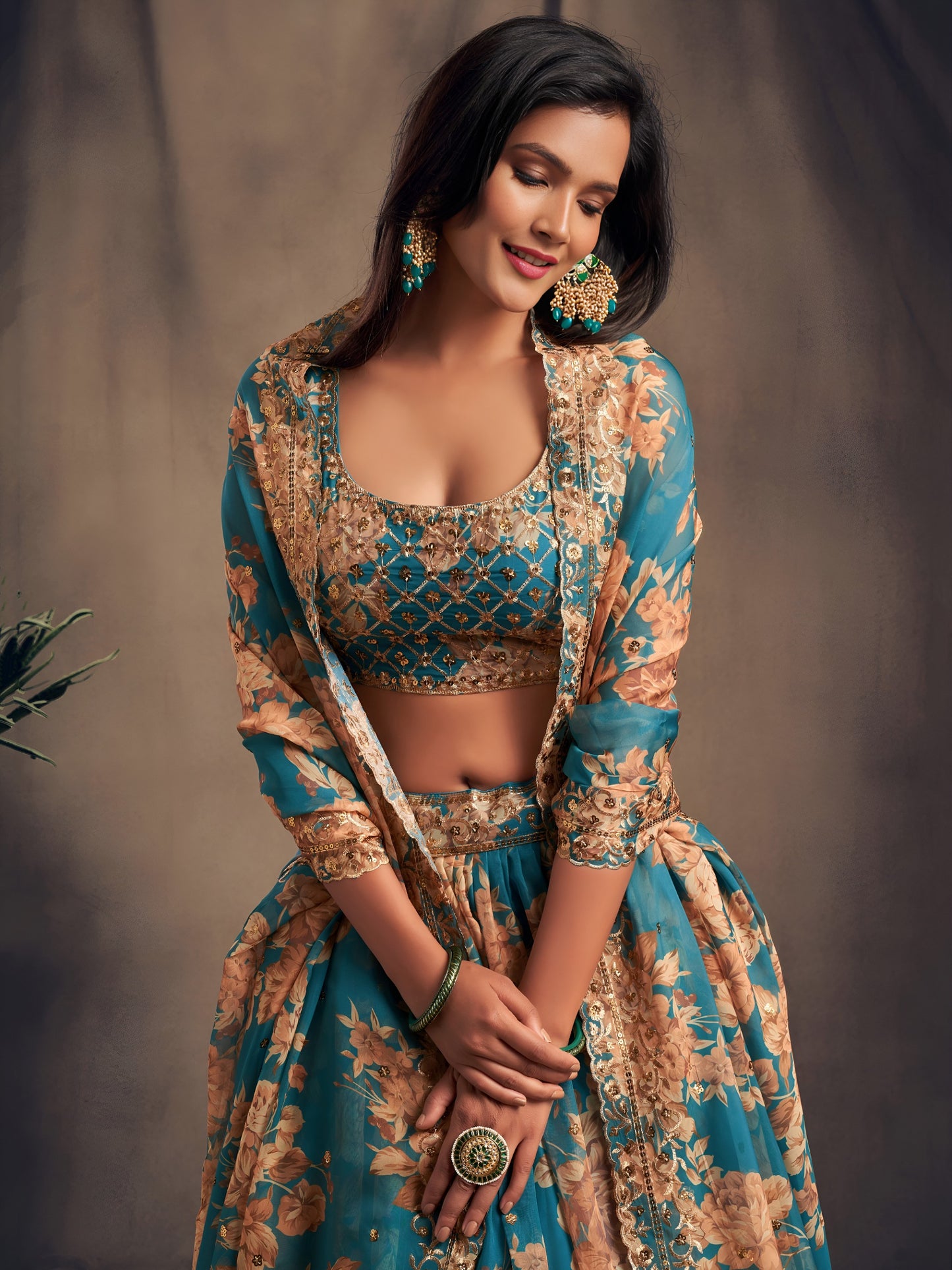 Teal Blue Floral Printed Designer Lehenga Choli