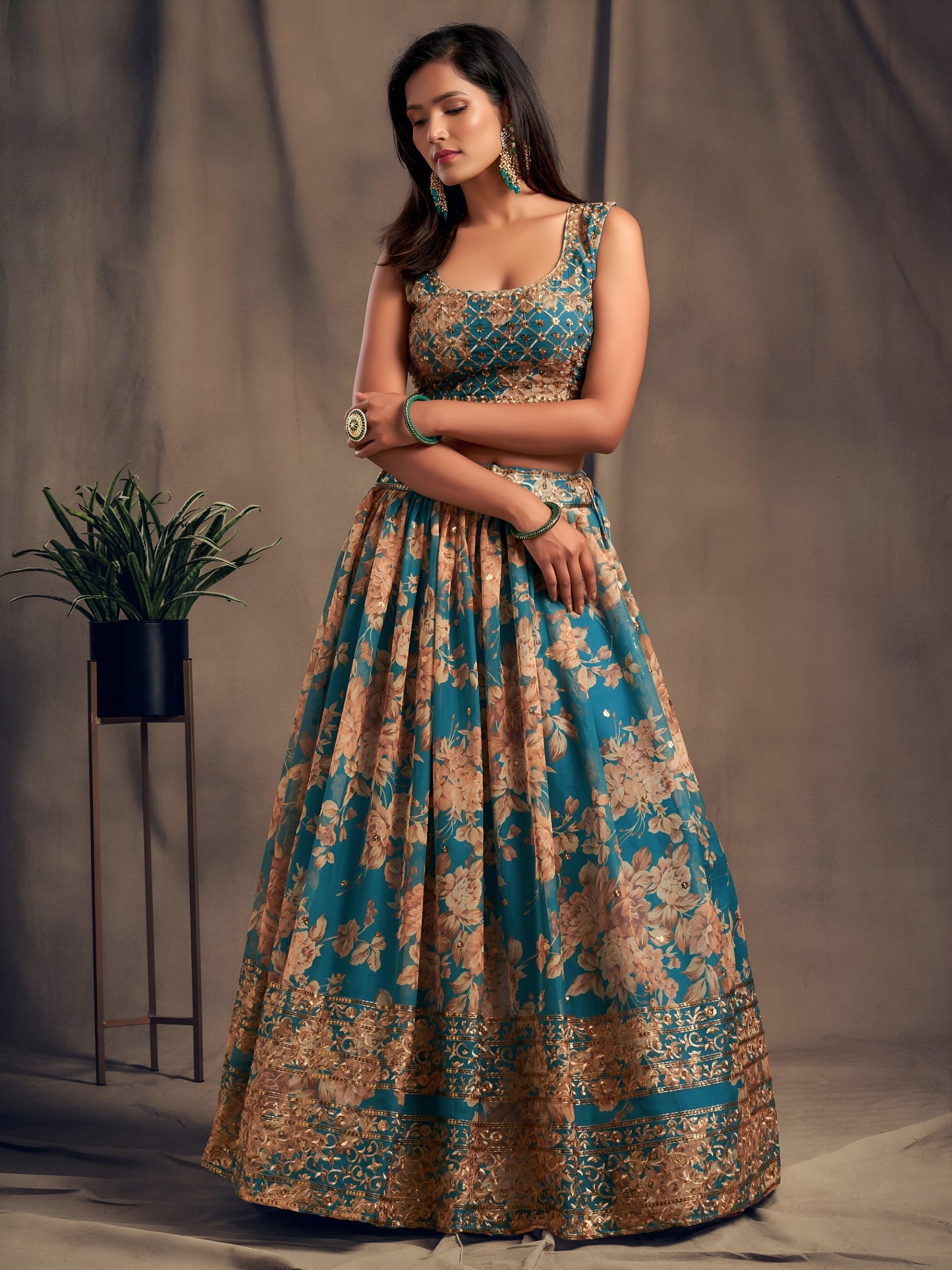 Teal Blue Floral Printed Designer Lehenga Choli