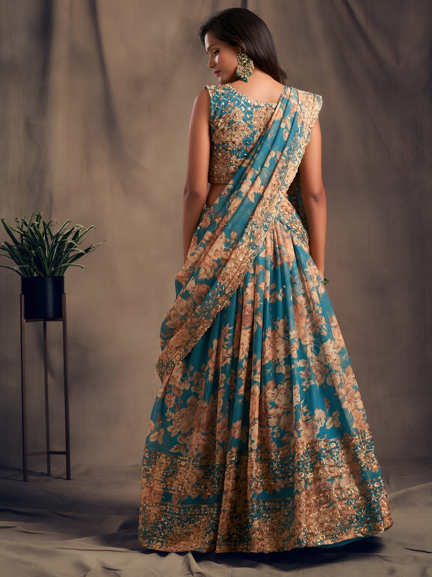 Teal Blue Floral Printed Designer Lehenga Choli
