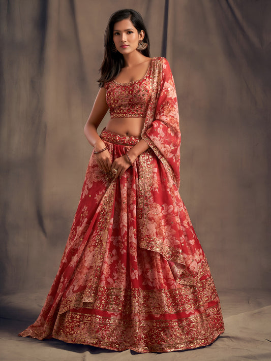 Red Floral Printed Designer Lehenga Choli