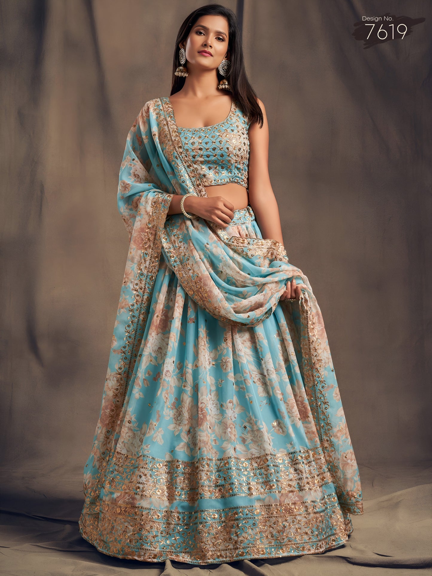 Sky Blue Floral Printed Designer Lehenga Choli
