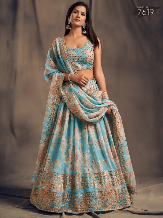 Sky Blue Floral Printed Designer Lehenga Choli
