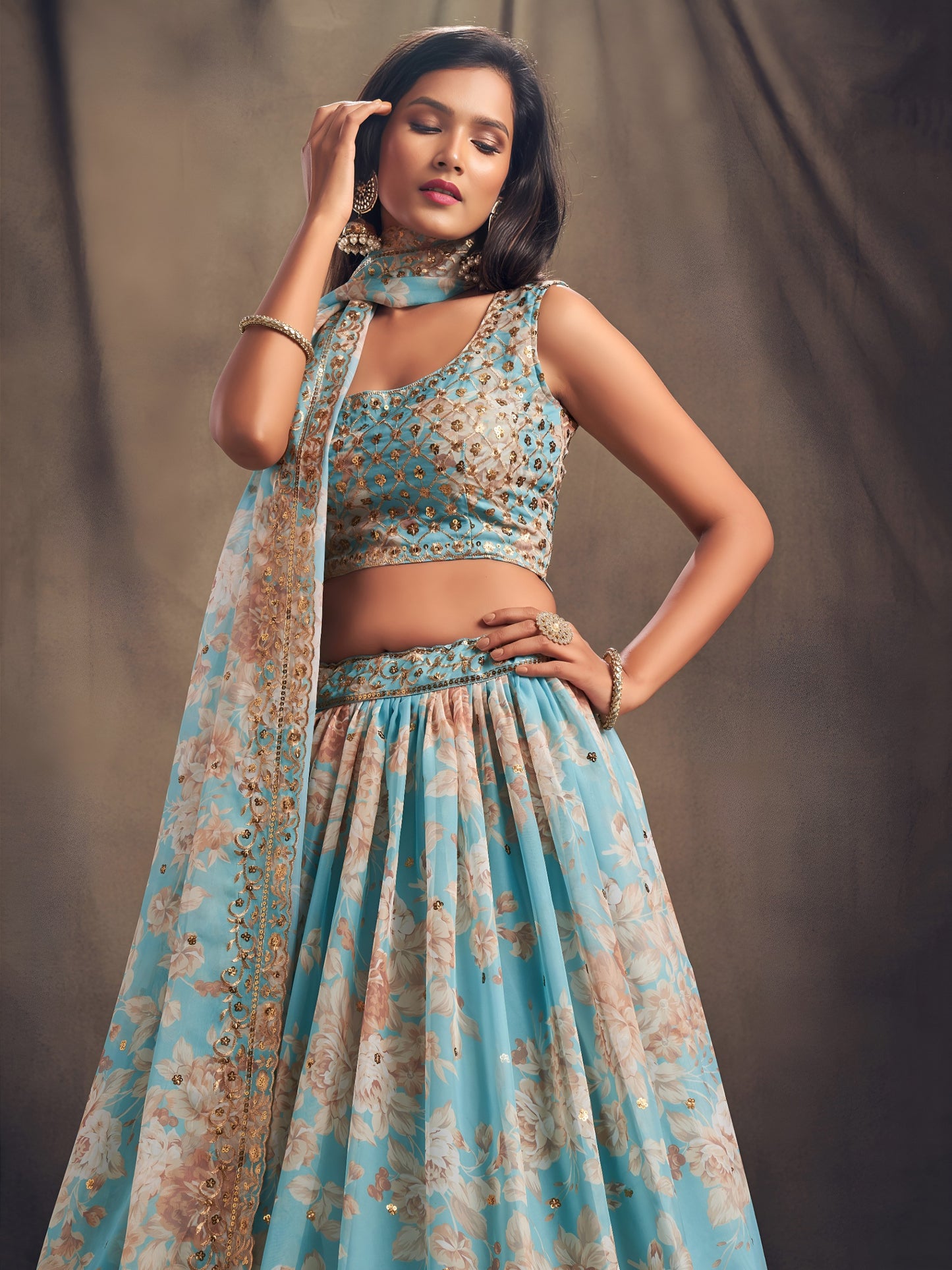 Sky Blue Floral Printed Designer Lehenga Choli