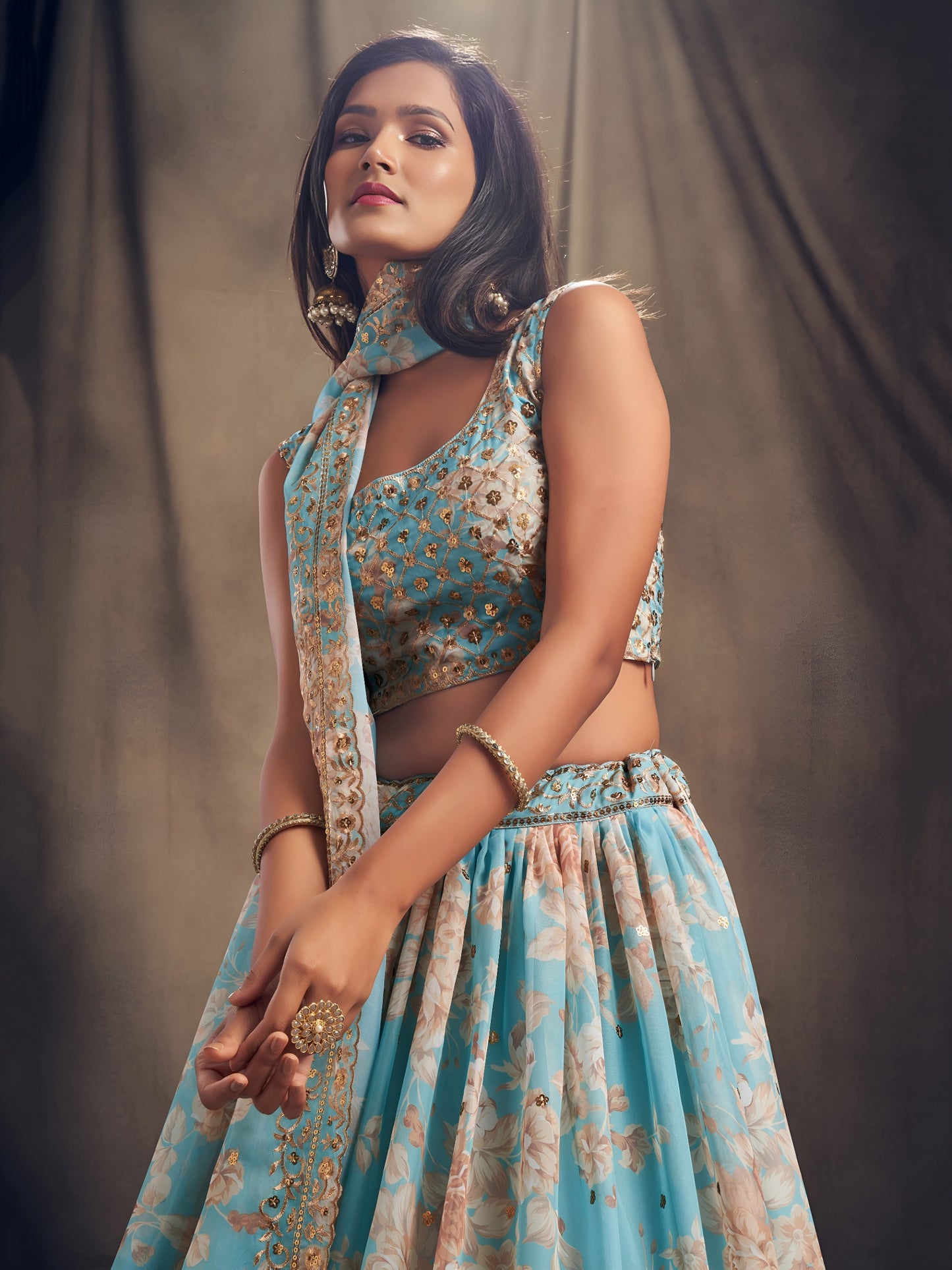 Sky Blue Floral Printed Designer Lehenga Choli