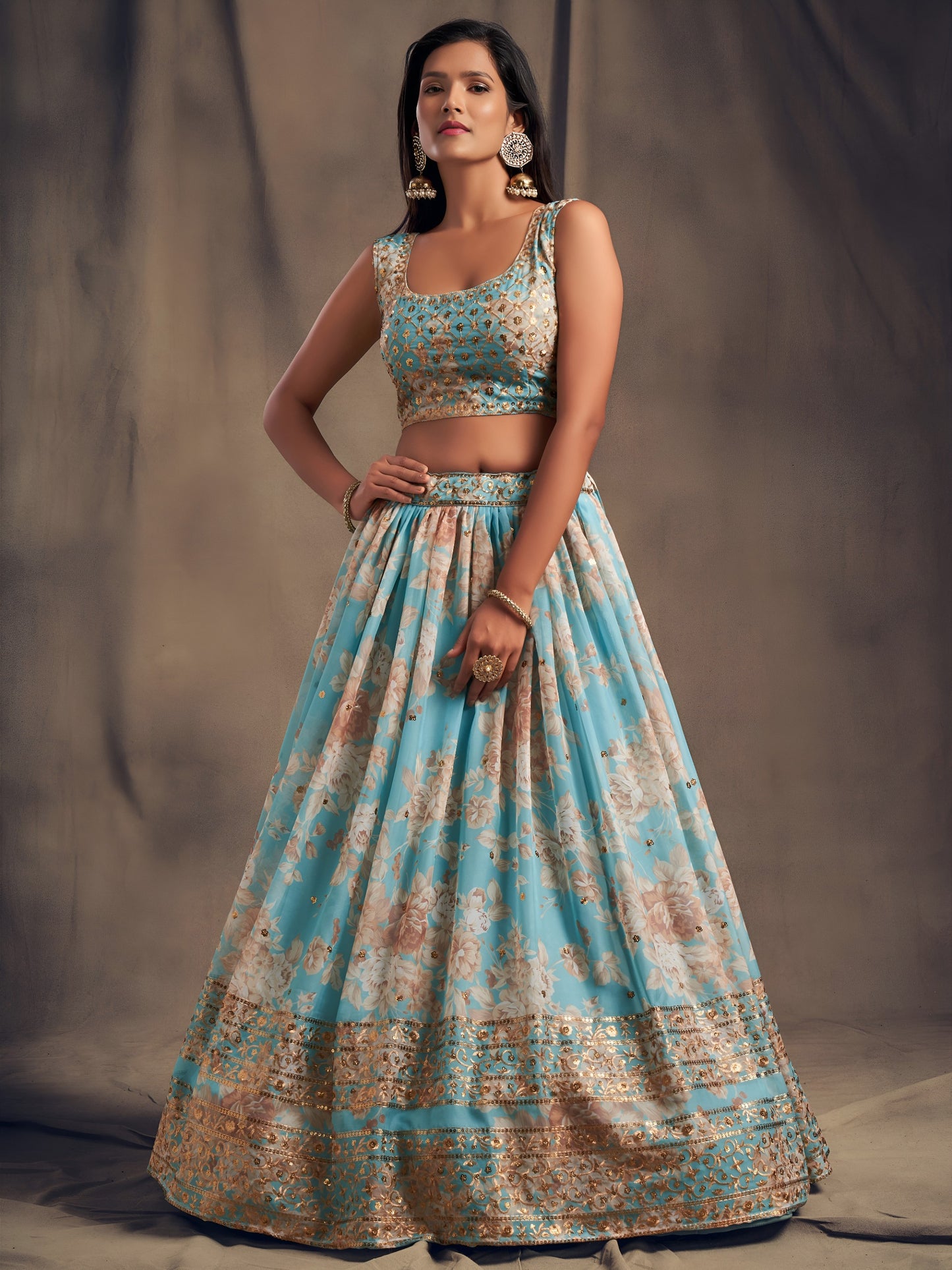 Sky Blue Floral Printed Designer Lehenga Choli