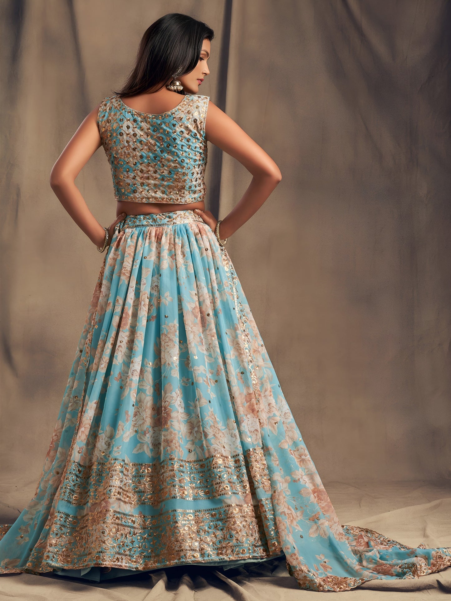 Sky Blue Floral Printed Designer Lehenga Choli
