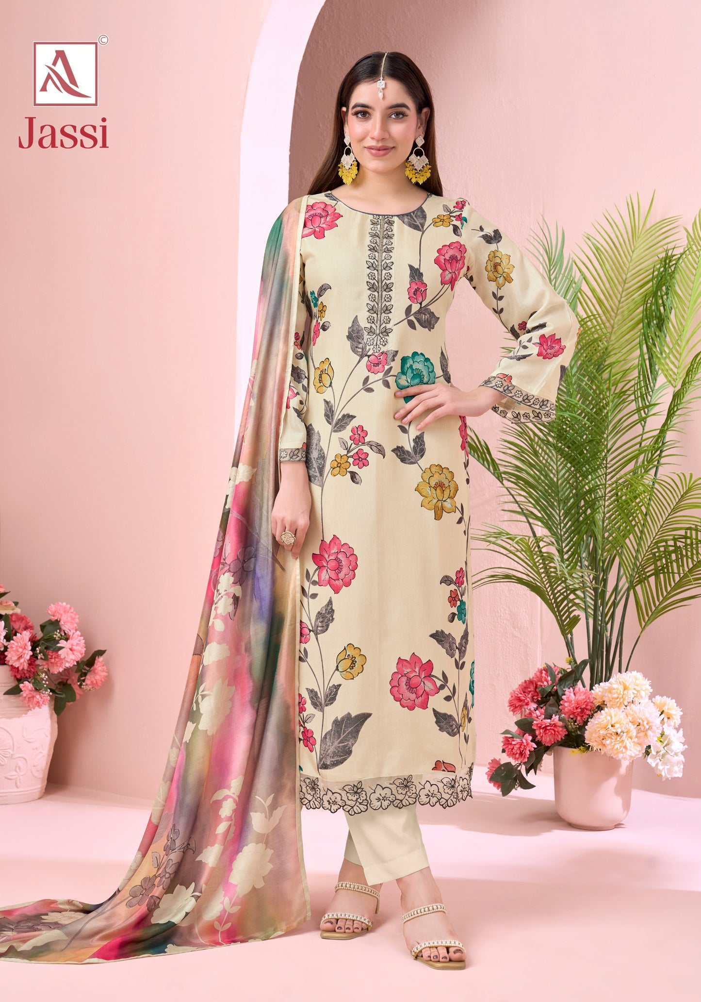Viscose Maslin Designer Print With Exclusive Embriodery Work of salwar kameez