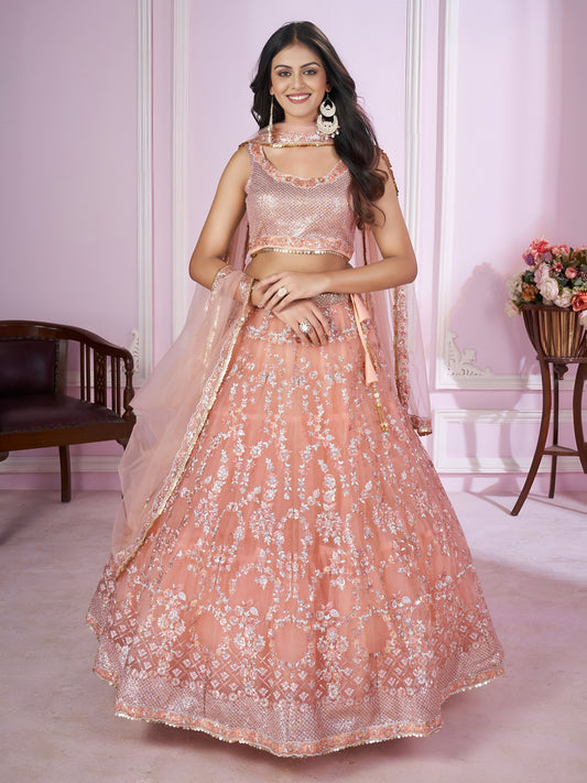 Peach Pink Embroidered Net Lehenga Choli