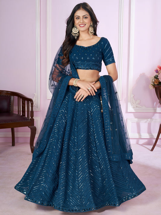 Teal Blue Sequins Embroidered Lehenga Choli