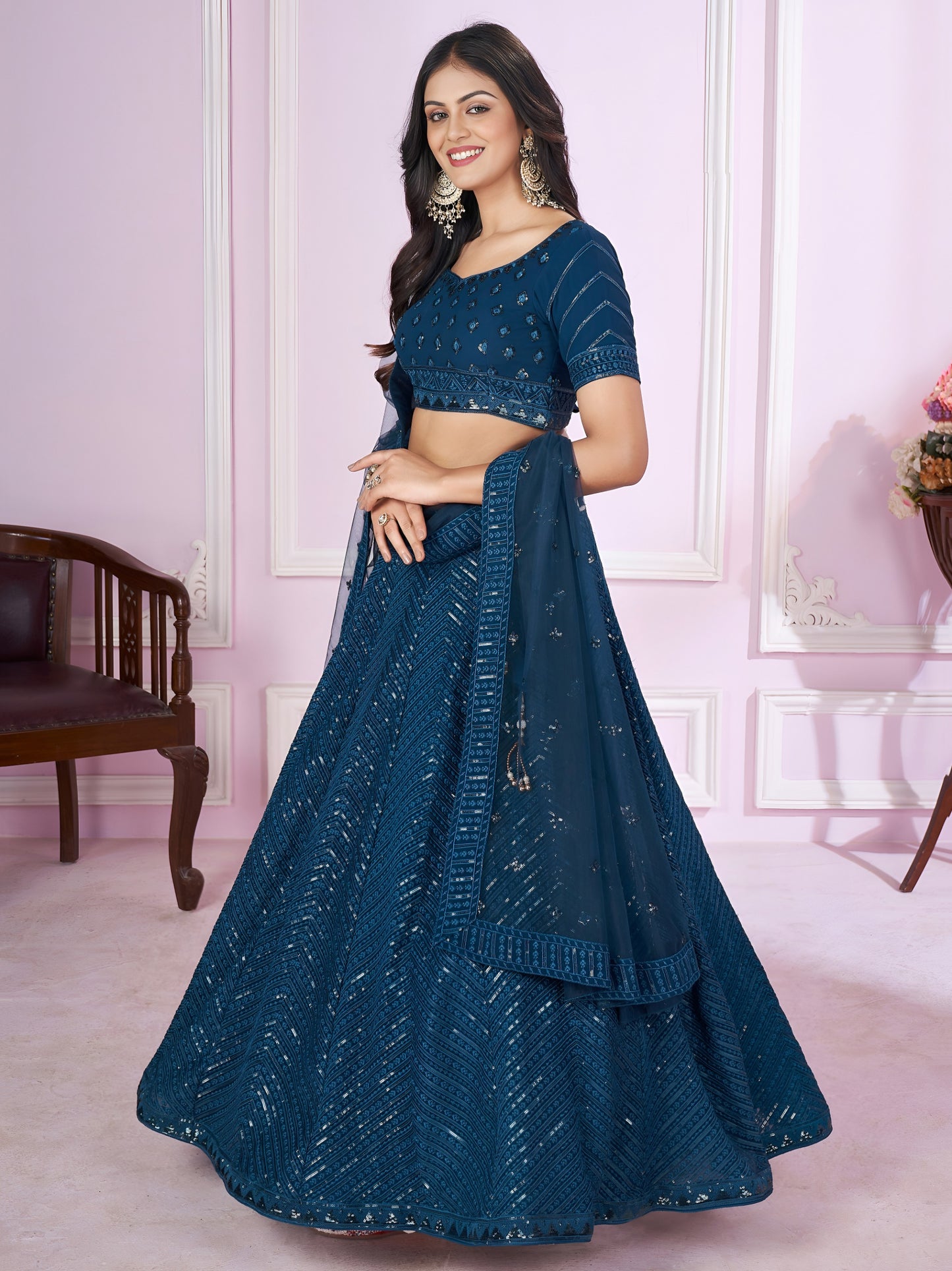 Teal Blue Sequins Embroidered Lehenga Choli