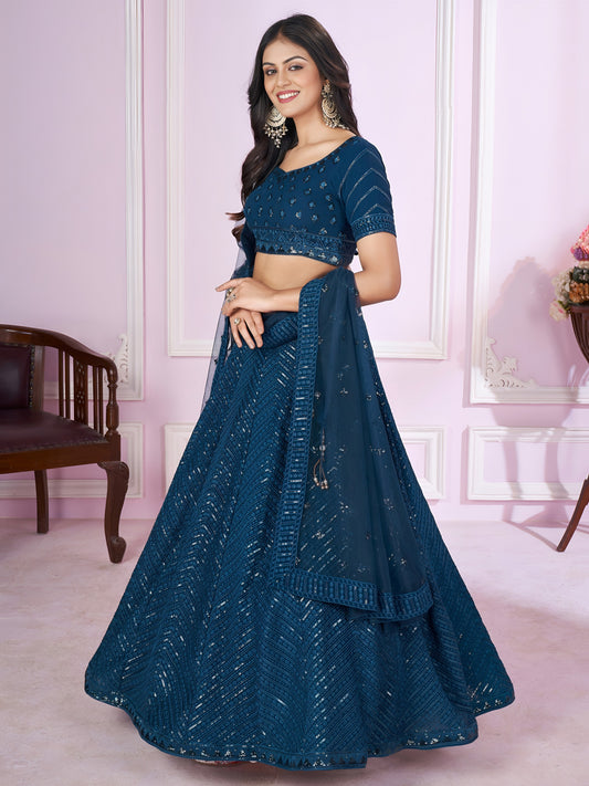 Teal Blue Sequins Embroidered Lehenga Choli