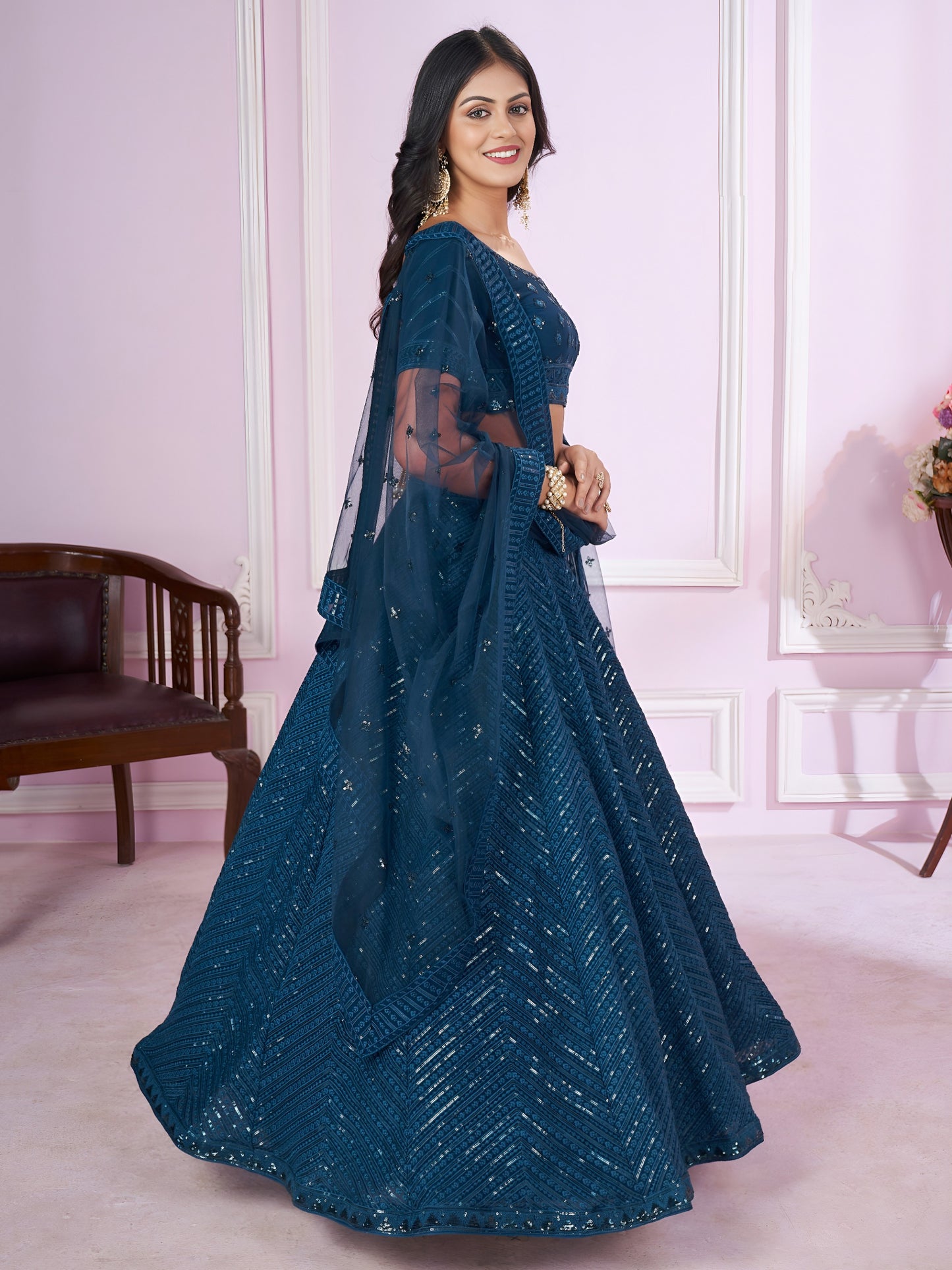 Teal Blue Sequins Embroidered Lehenga Choli