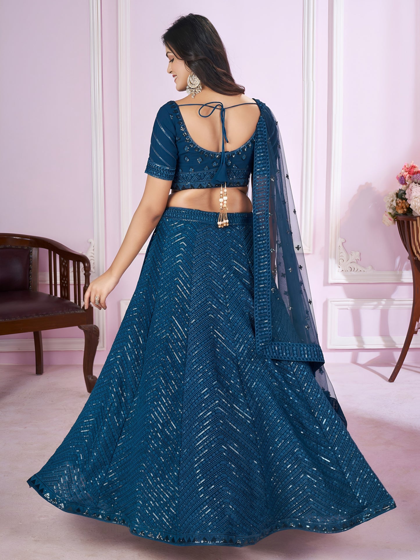 Teal Blue Sequins Embroidered Lehenga Choli