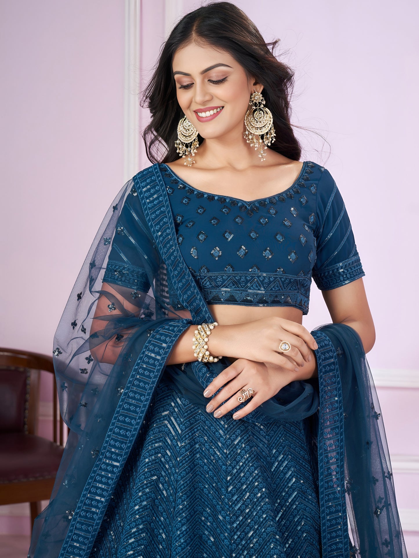 Teal Blue Sequins Embroidered Lehenga Choli