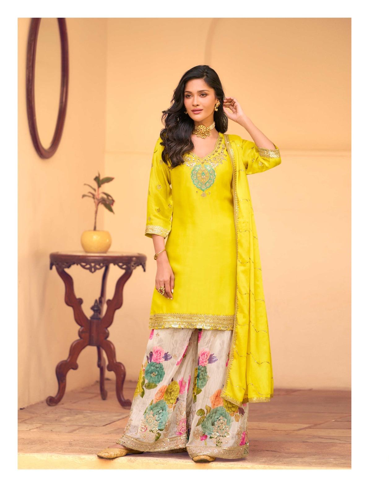 FESTIVE LOOK CHİNON SILK EMBROIDERED TOP WITH EMBROIDERED SHARARA AND DUPATTA