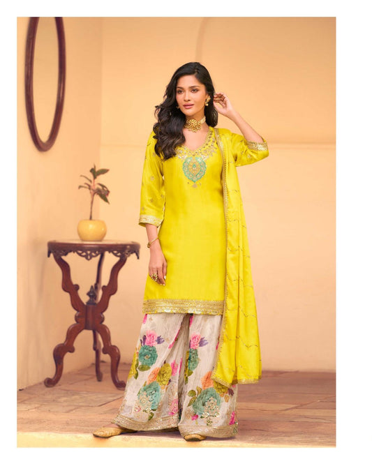 FESTIVE LOOK CHİNON SILK EMBROIDERED TOP WITH EMBROIDERED SHARARA AND DUPATTA