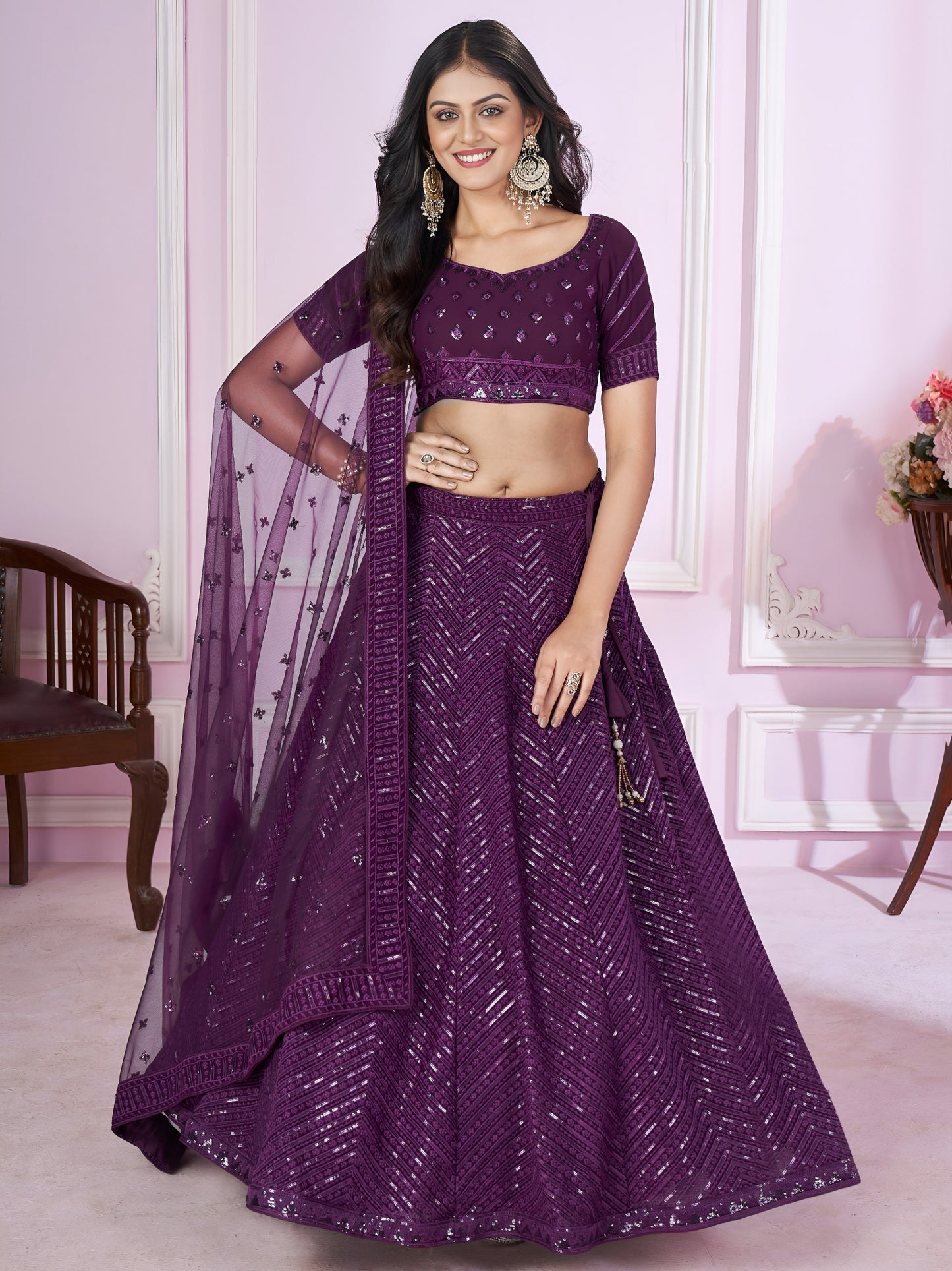 Wine Purple Sequins Embroidered Lehenga Choli  Wedding • Graceful • Special Occasions