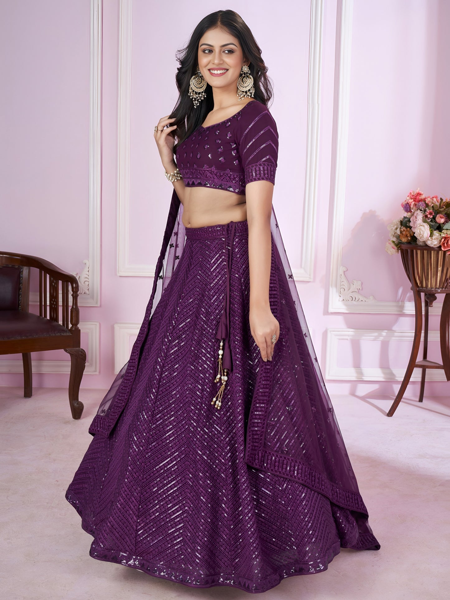 Wine Purple Sequins Embroidered Lehenga Choli  Wedding • Graceful • Special Occasions