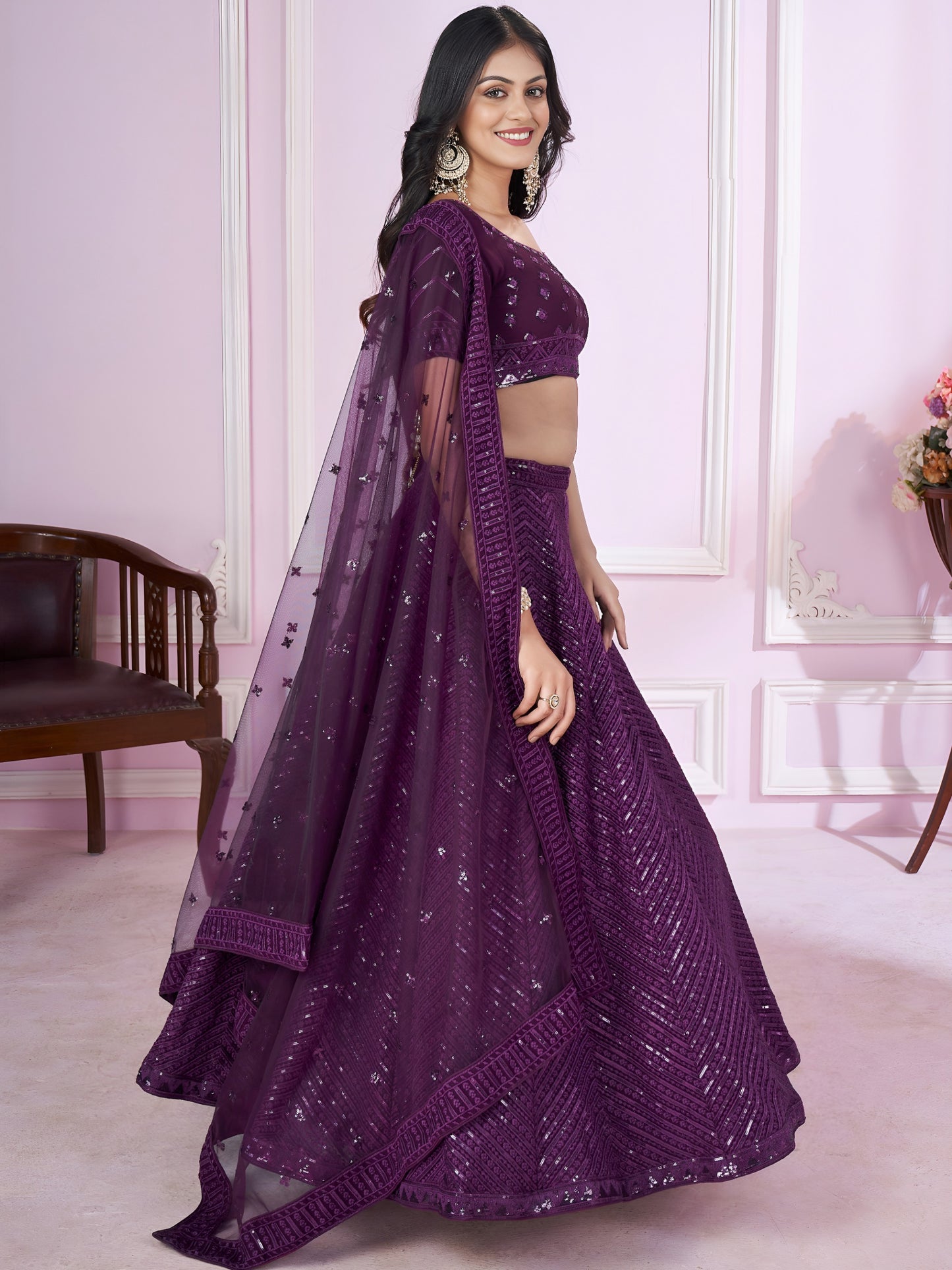 Wine Purple Sequins Embroidered Lehenga Choli  Wedding • Graceful • Special Occasions