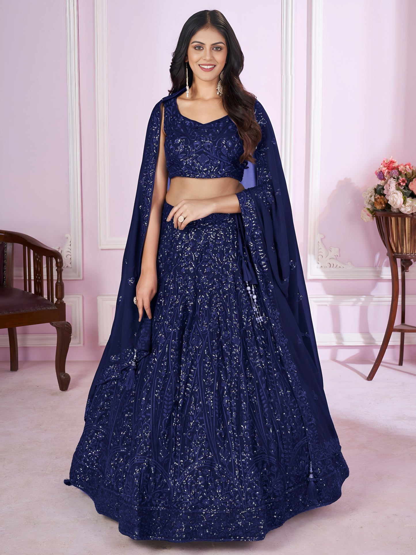 Navy Blue Sequins Embroidered Designer Lehenga Choli . Wedding • Graceful • Special Occasions