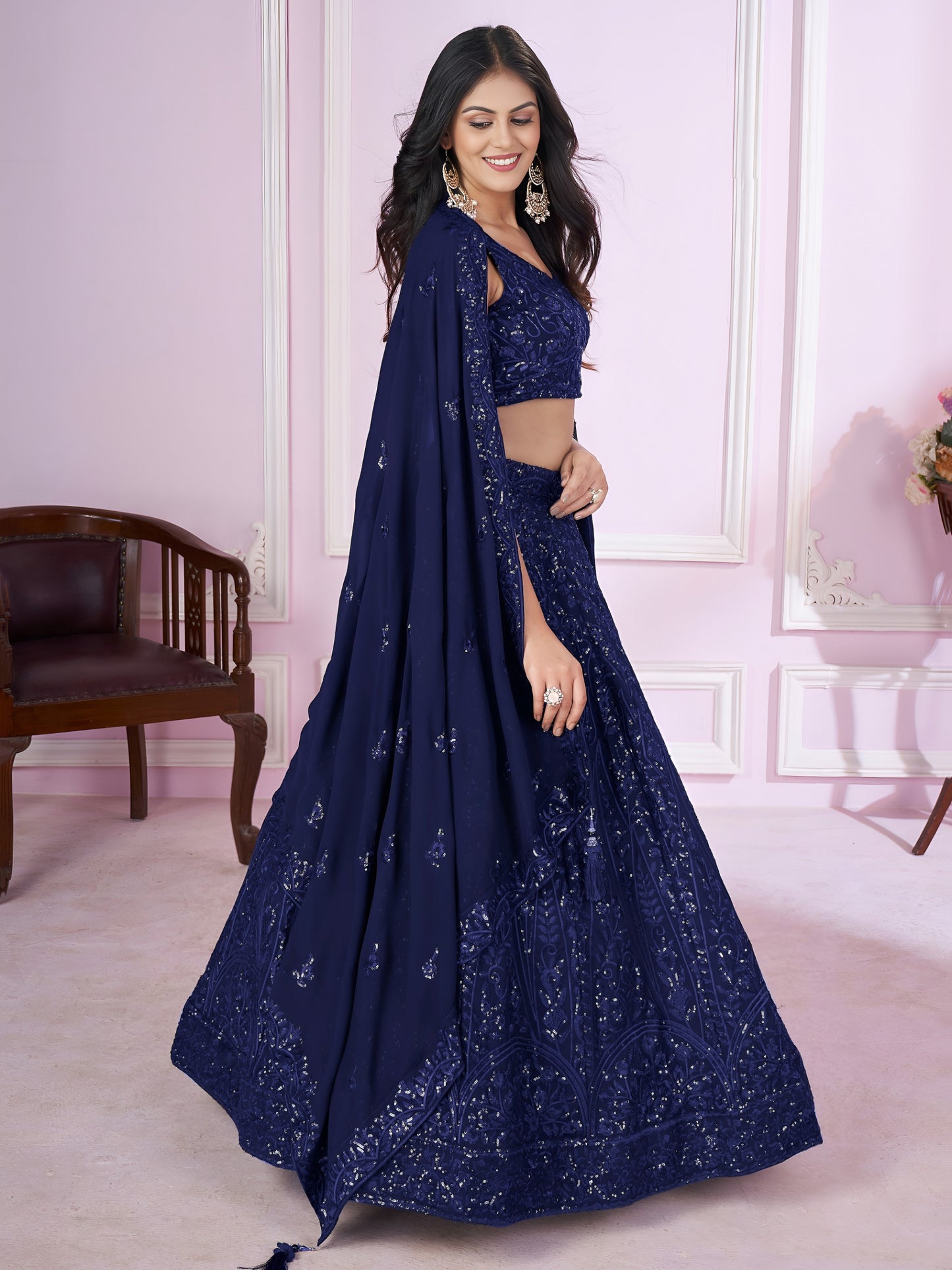 Navy Blue Sequins Embroidered Designer Lehenga Choli . Wedding • Graceful • Special Occasions