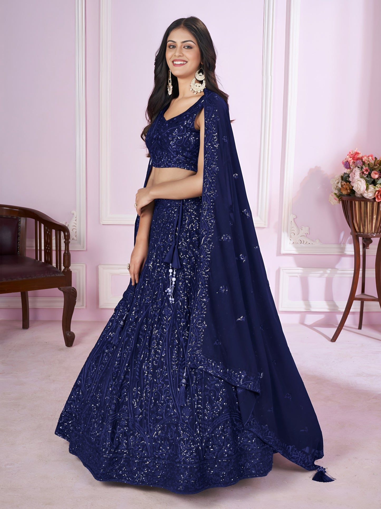 Navy Blue Sequins Embroidered Designer Lehenga Choli . Wedding • Graceful • Special Occasions
