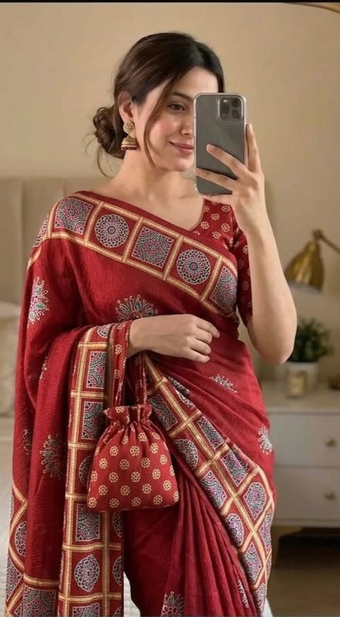 Red colour special batik bandhej lagdi patta with chiffon georgette fabric printed saree with foil print with ranig balous flower print saree