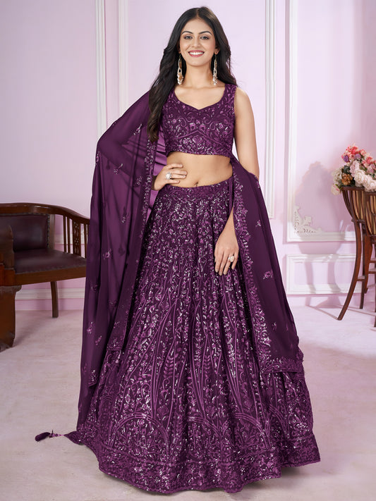 Wine Purple Sequins Embroidered Designer Lehenga Choli