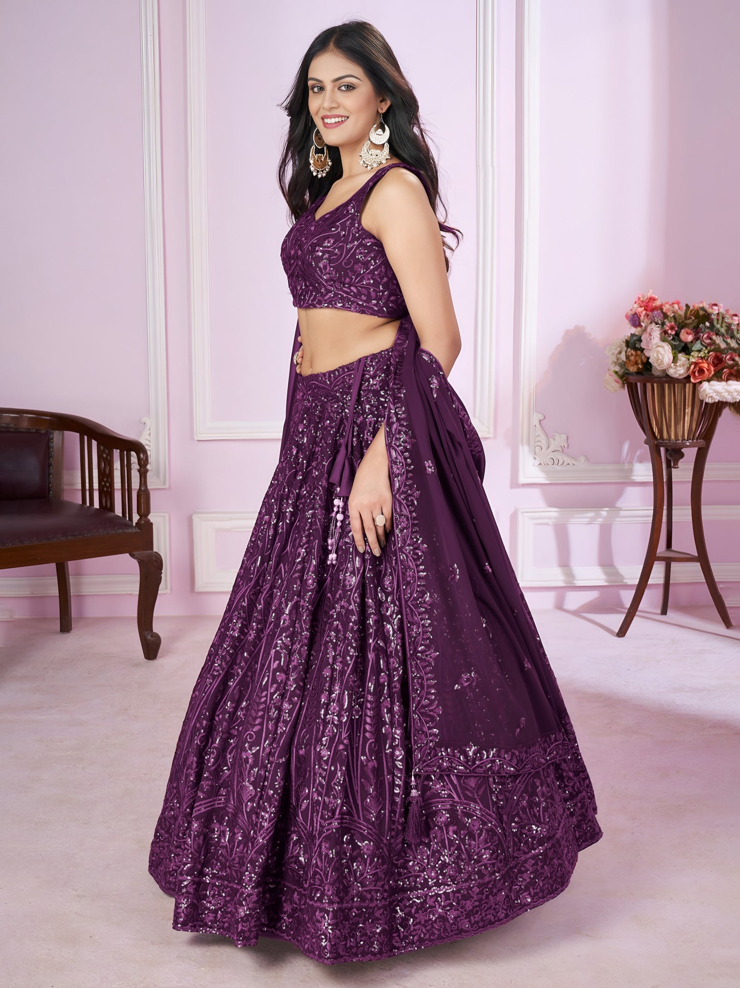 Wine Purple Sequins Embroidered Designer Lehenga Choli