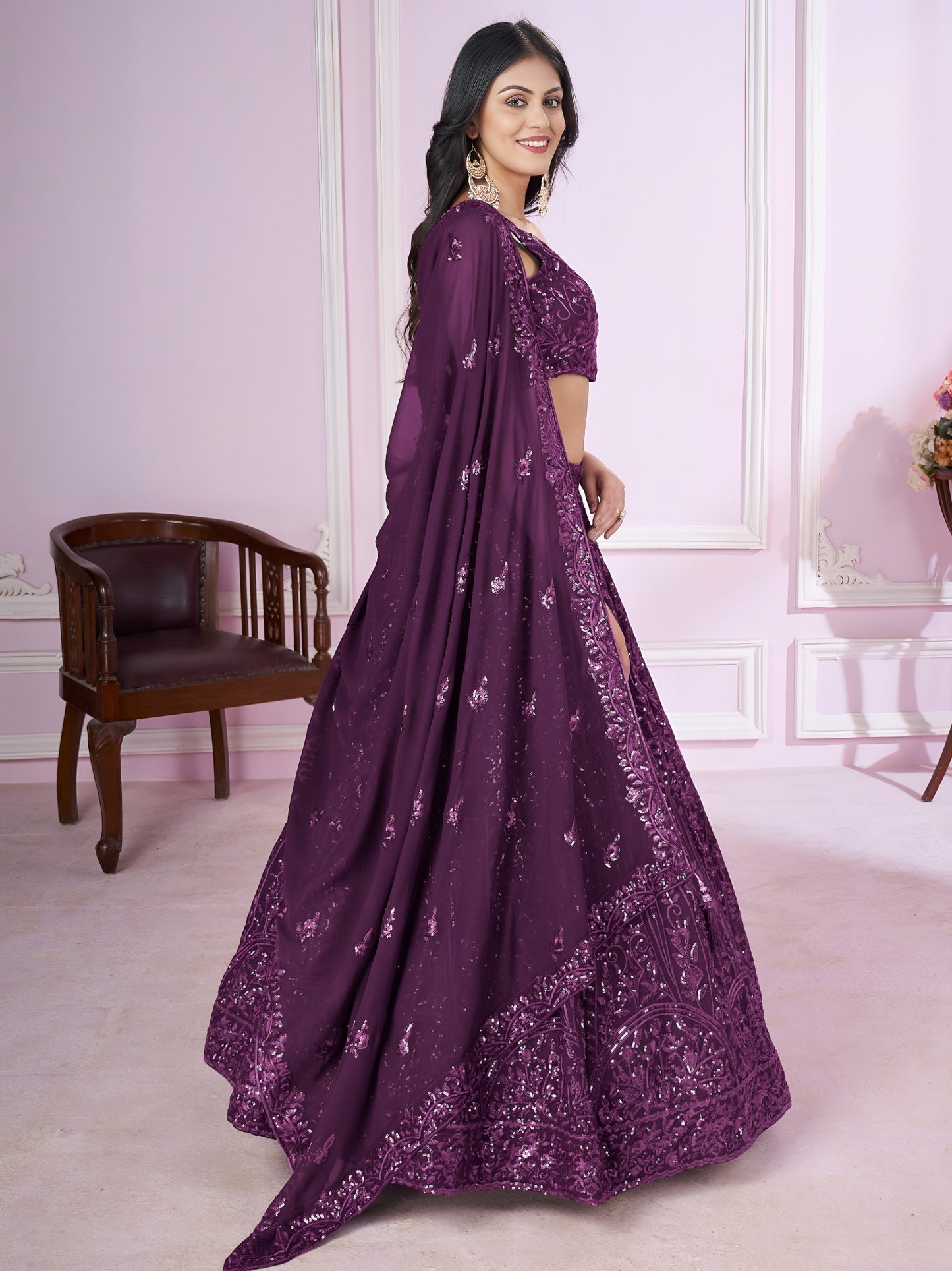 Wine Purple Sequins Embroidered Designer Lehenga Choli