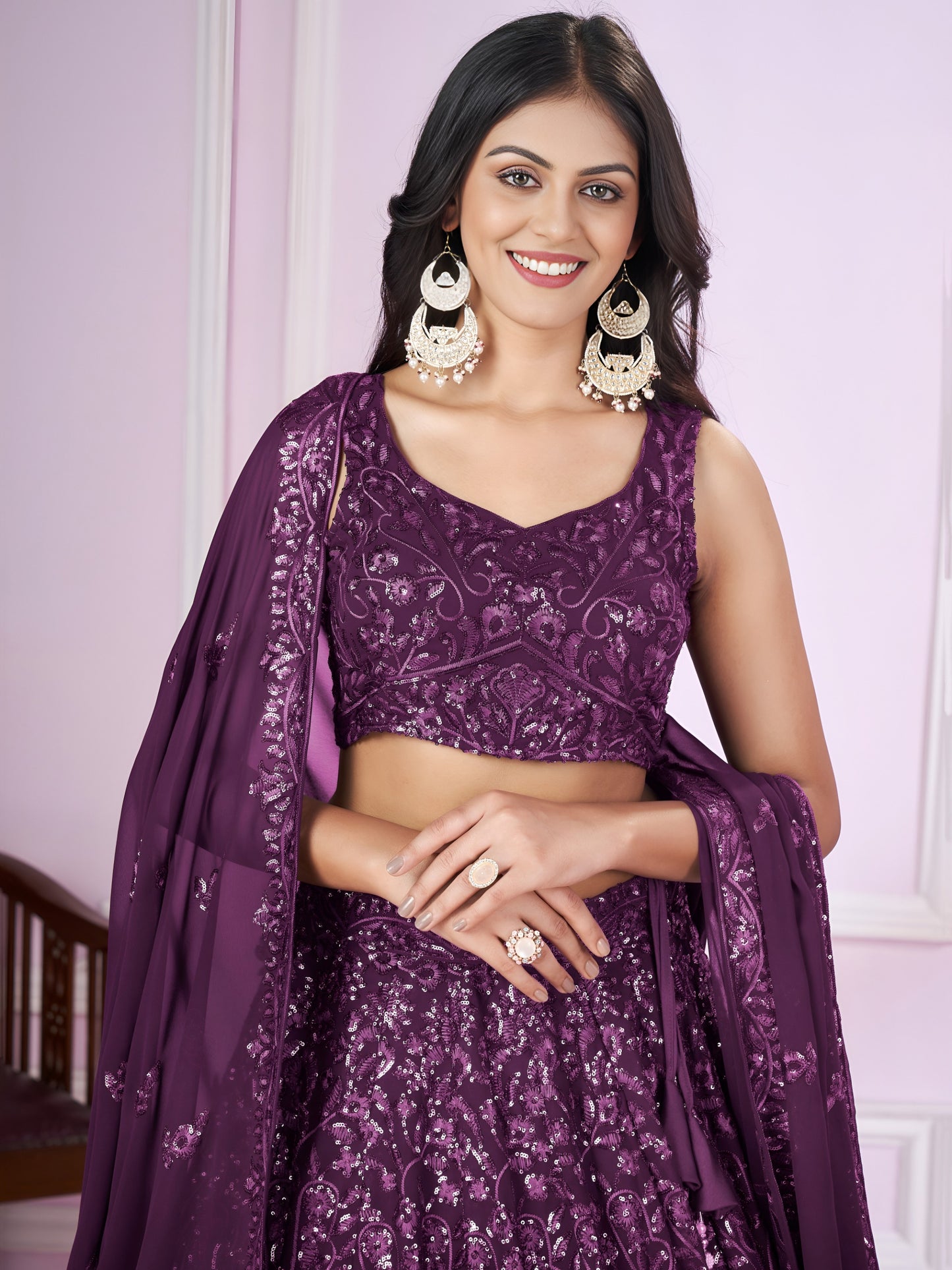 Wine Purple Sequins Embroidered Designer Lehenga Choli