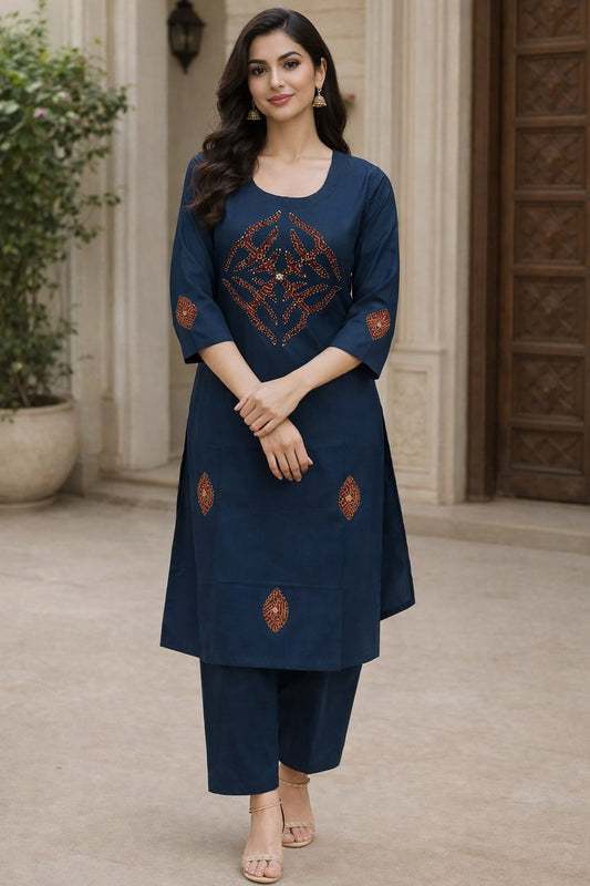 PREMIUM DHABU COTTON APLICK WITH KATHA WORKED A LINE TOP WITH PLAZO SET
