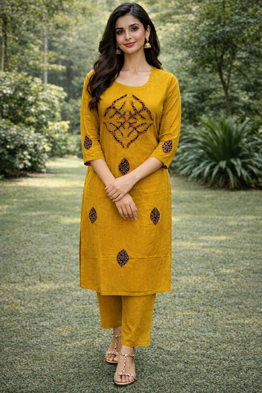 PREMIUM DHABU COTTON APLICK WITH KATHA WORKED A LINE TOP WITH PLAZO SET