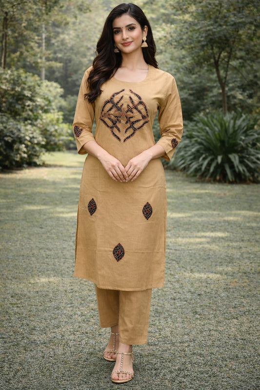PREMIUM DHABU COTTON APLICK WITH KATHA WORKED A LINE TOP WITH PLAZO SET